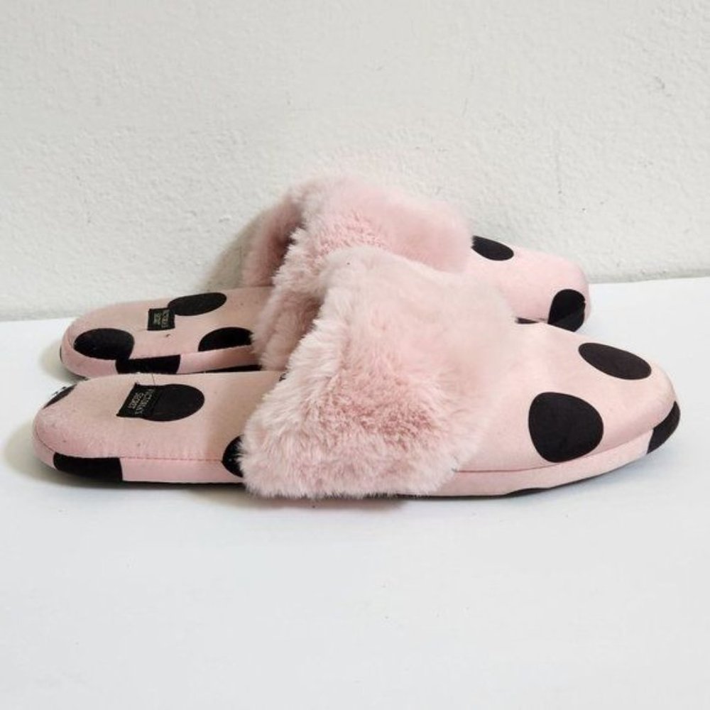Victoria's Secret Signature Satin Slippers Pink/Black Polka Dot with Fau… - Picture 5 of 7